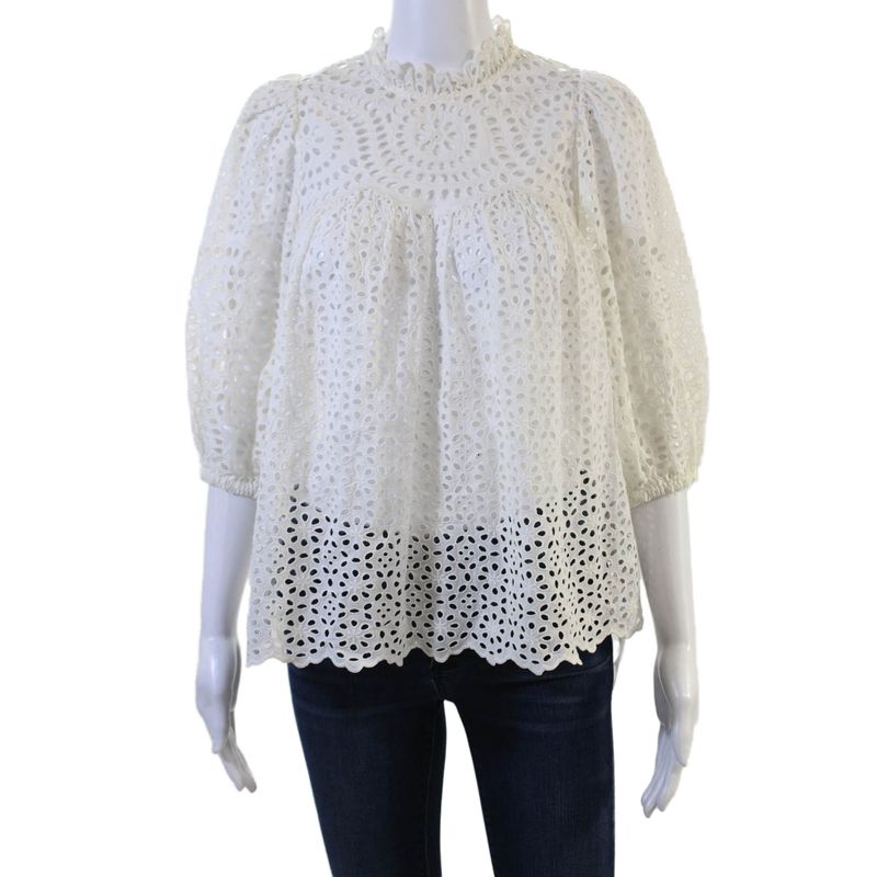 Ulla Johnson Women Bohemian Floral High Neck Cotton Blouse 3/4 Sleeve Size 6